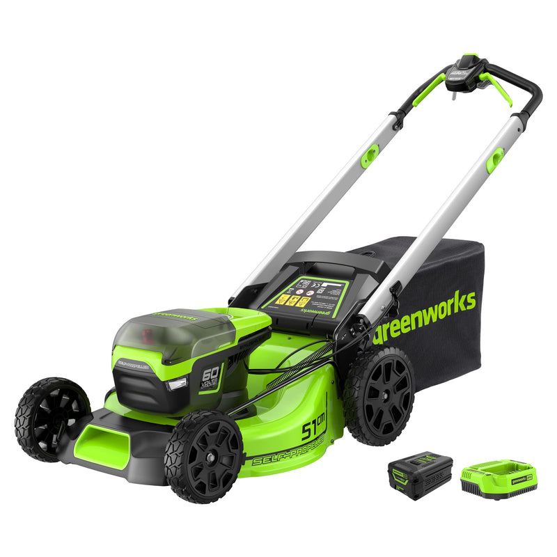 Greenworks Pro 60V 51cm Brushless Nascower Kabellos Schnitthöhe 25-85mm Klappgriff Vertikale Lagerung mit 60 Liter Beutel (mit Akku und 4Ah Ladegerät)
